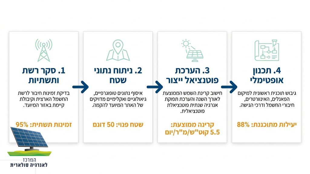 מהנדס בוחן תוכניות הנדסיות בשטח פתוח המיועד להקמת חווה סולארית