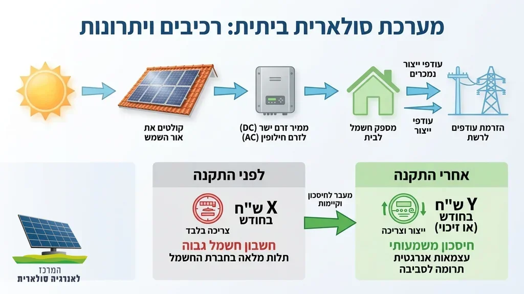 נוצר על ידי מודל בינה מלאכותית Gemini Pro לוחות סולאריים מותקנים על גג רעפים של בית פרטי